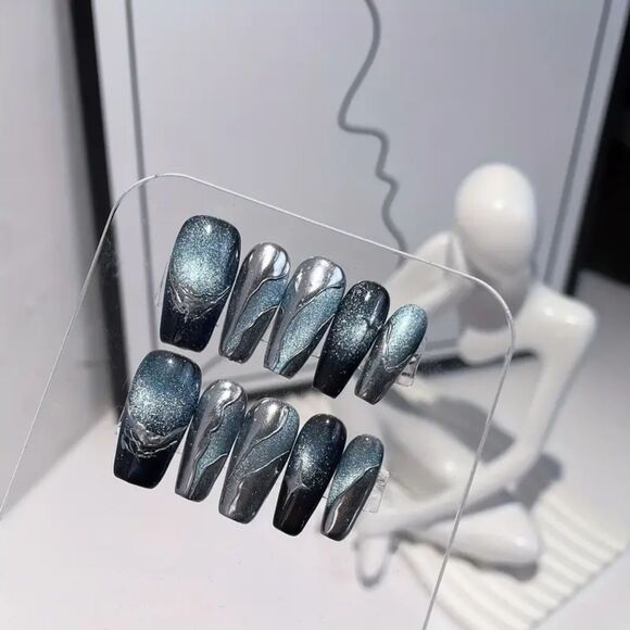 Luxury Black & Silver Chrome Press-On Nails – Metallic Glitter Gel Nail Set S, M - Picture 1 of 4